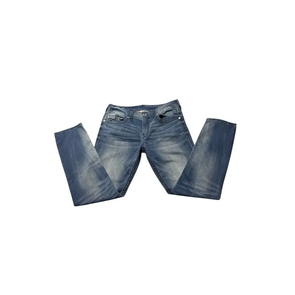 True Religion Straight Jeans Mens 36 Blue Denim Geno Relaxed Slim Fit Stretch